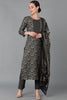  Women Black Silk Blend Printed Kurta Trousers With Dupatta