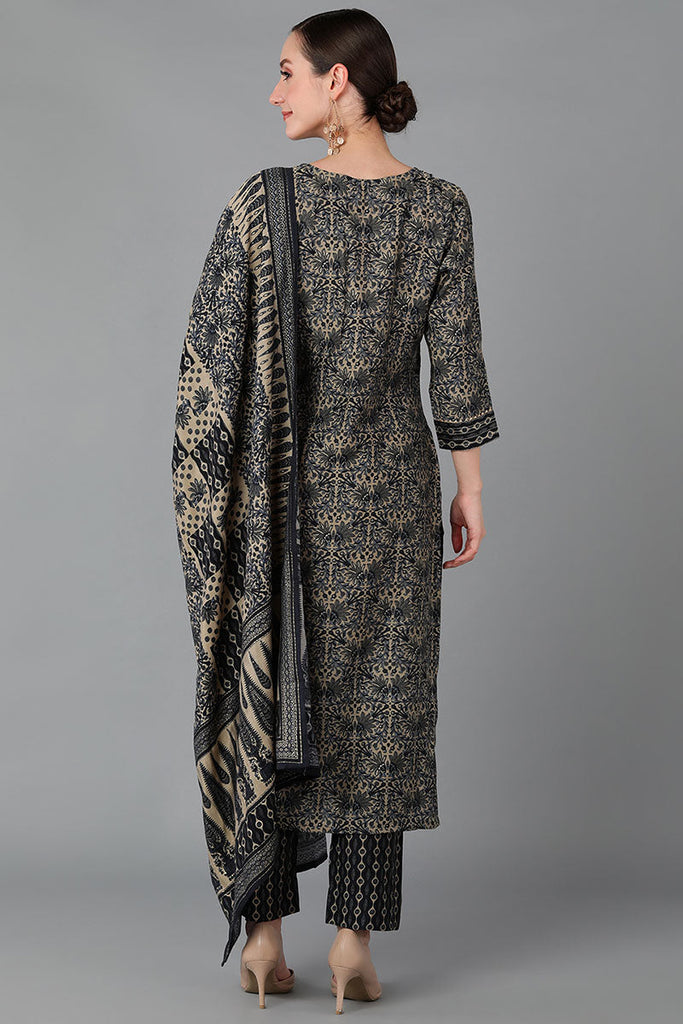  Women Black Silk Blend Printed Kurta Trousers With Dupatta