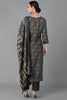  Women Black Silk Blend Printed Kurta Trousers With Dupatta