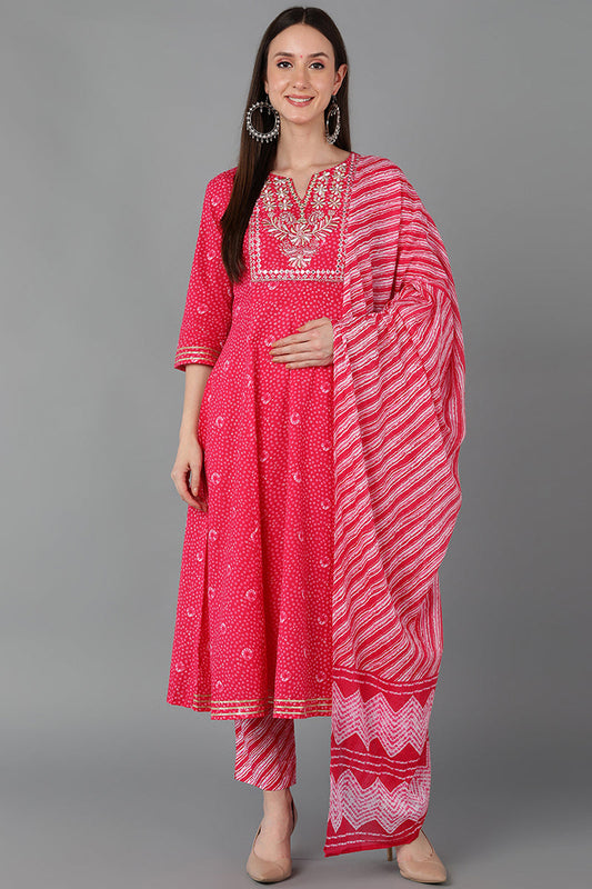 Pink Pure Cotton Anarkali Yoke Design Kurta Pant With Dupatta VKSKD1650