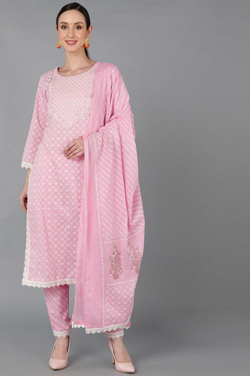  Women Pink Pure Cotton Yoke Design Kurta Set 