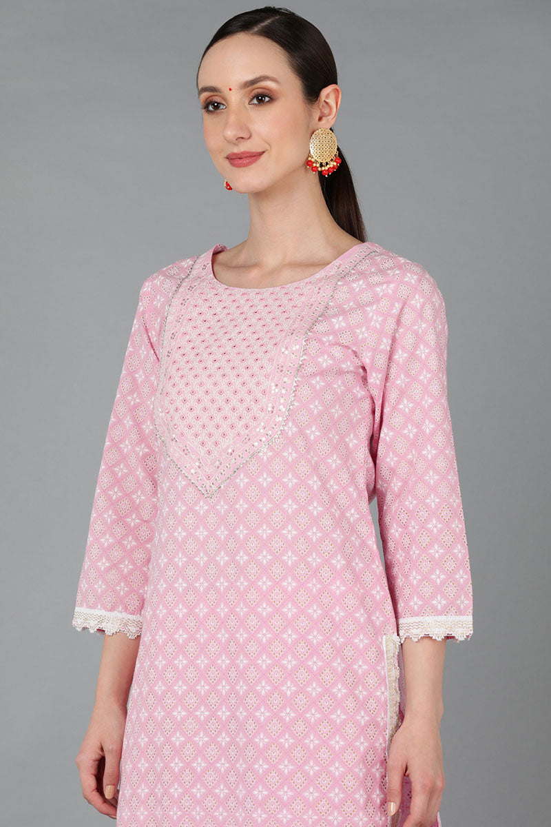  Women Pink Pure Cotton Yoke Design Kurta Set 