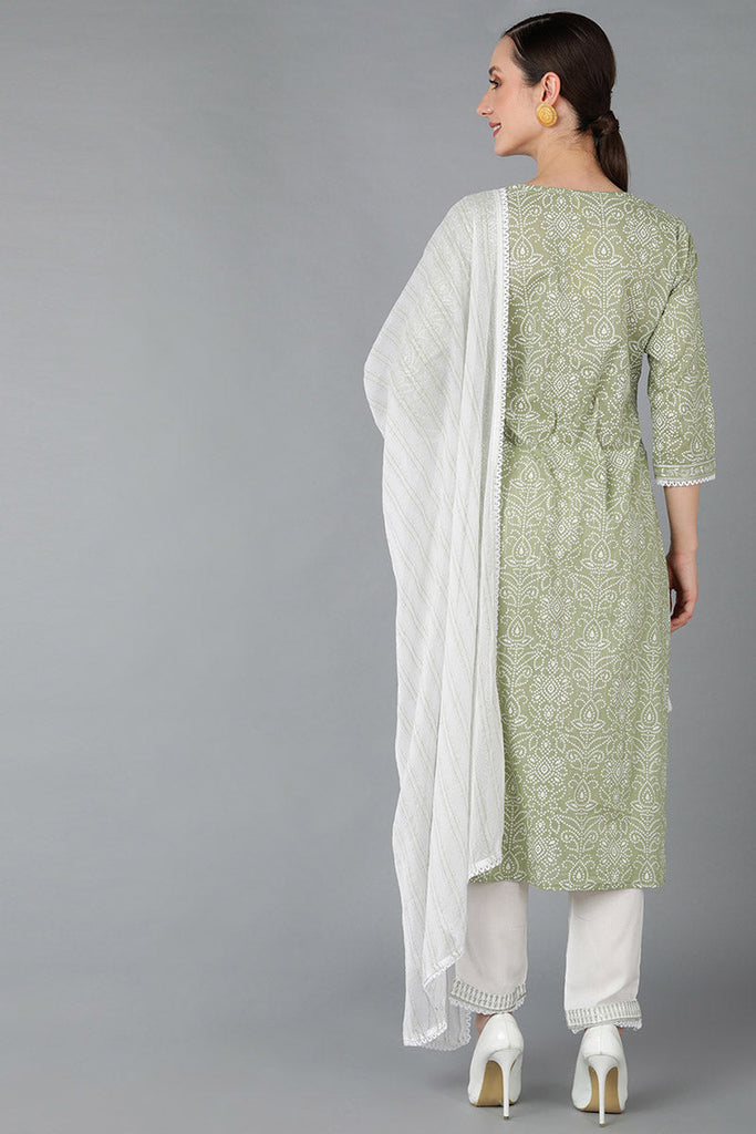  Women Green Pure Cotton Yoke Design Bandhani Kurta Set 