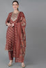  Women Maroon Silk Blend Yoke Design Floral Kurta Set 