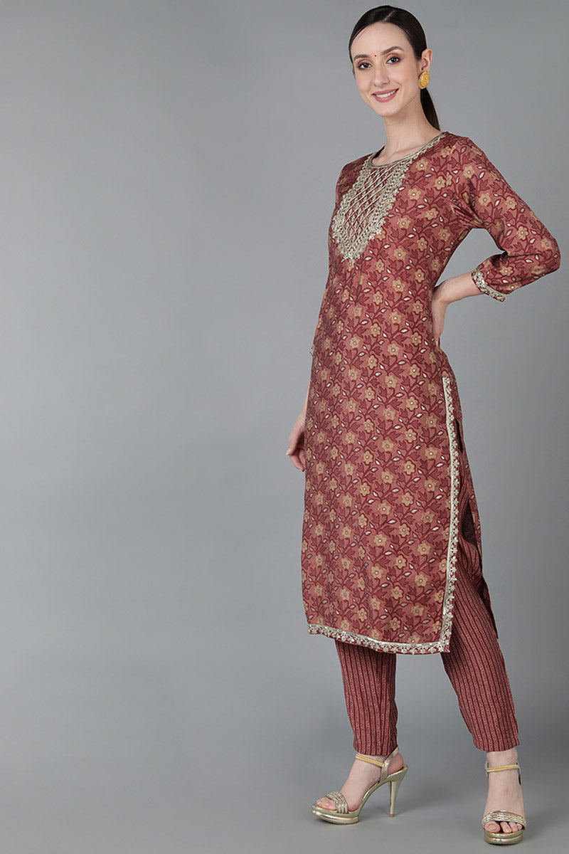  Women Maroon Silk Blend Yoke Design Floral Kurta Set 