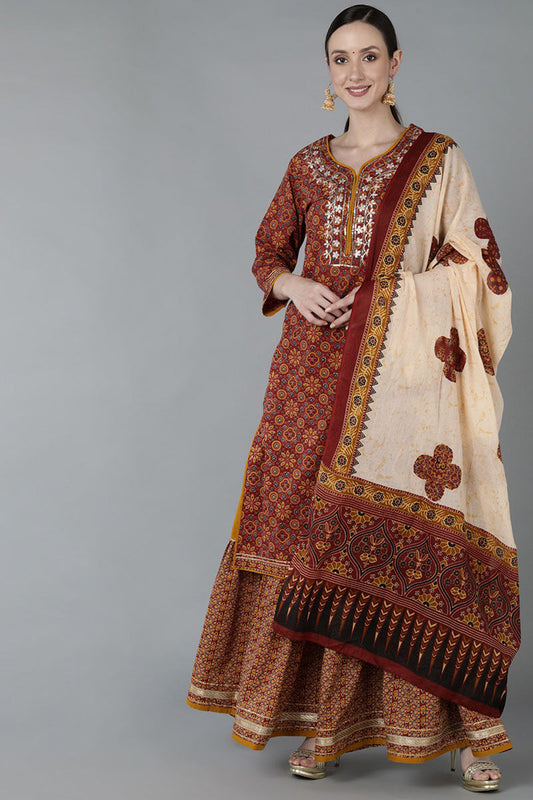  Women Maroon Pure Cotton Printed Kurta Set