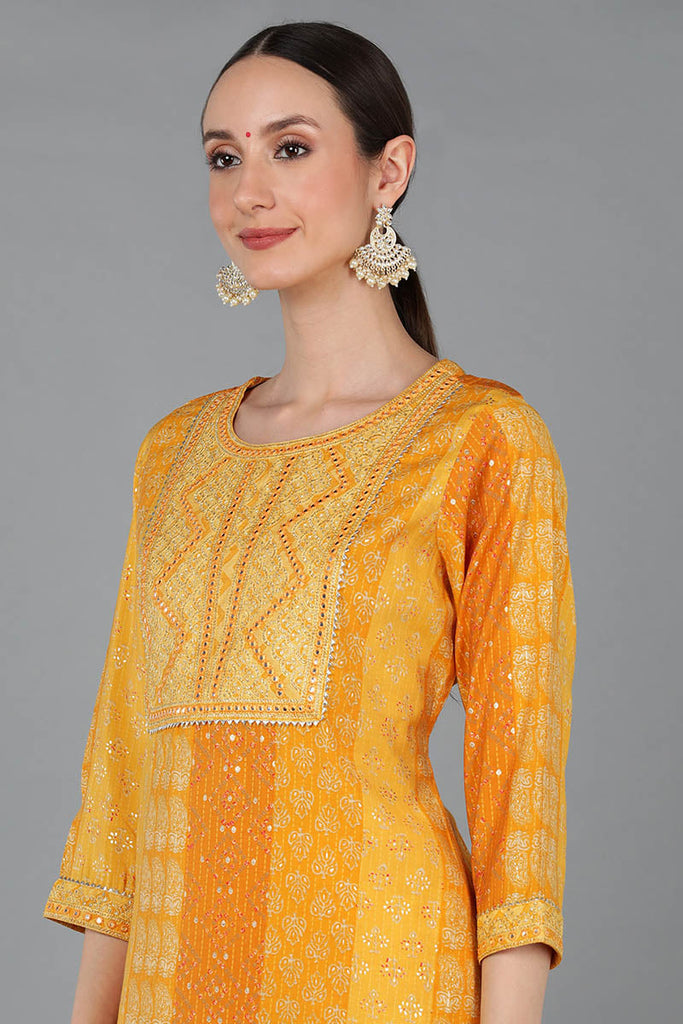 Mustard Silk Blend Ethnic Motifs Straight Kurta Trousers With Dupatta 