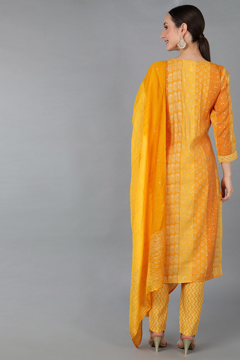 Mustard Silk Blend Ethnic Motifs Straight Kurta Trousers With Dupatta 