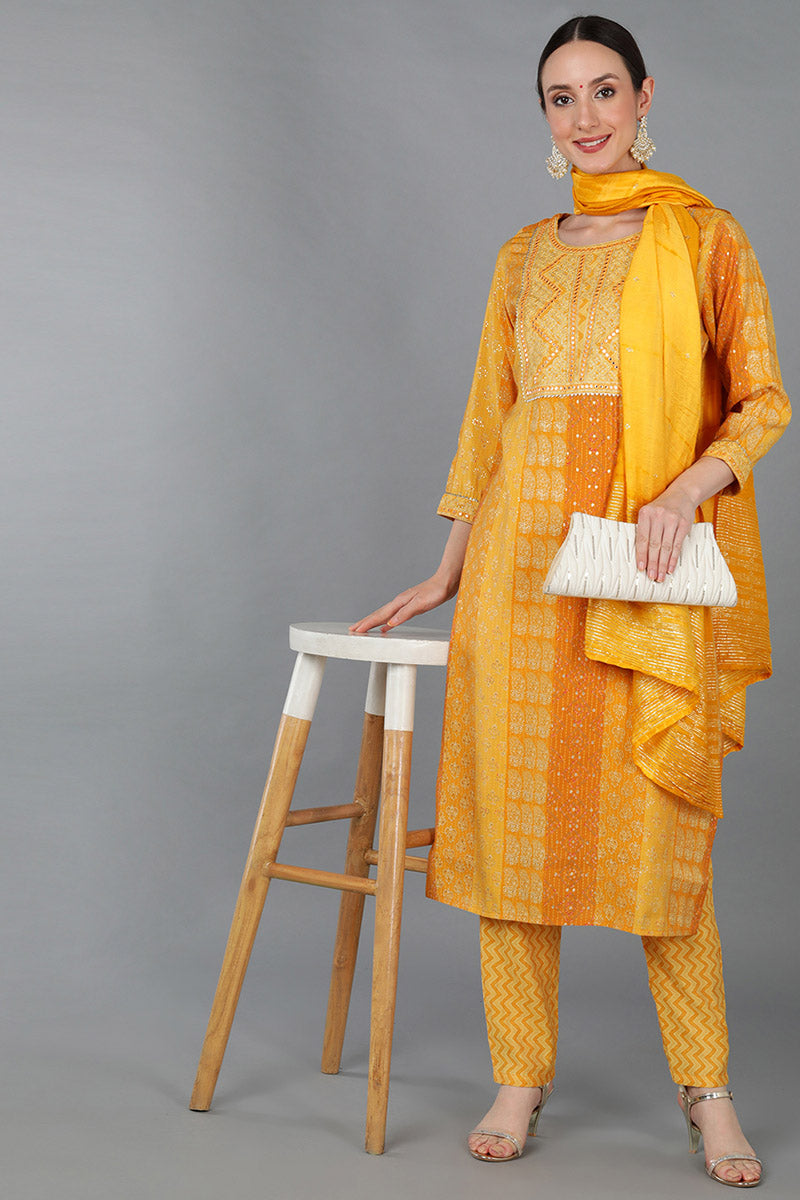 Mustard Silk Blend Ethnic Motifs Straight Kurta Trousers With Dupatta 