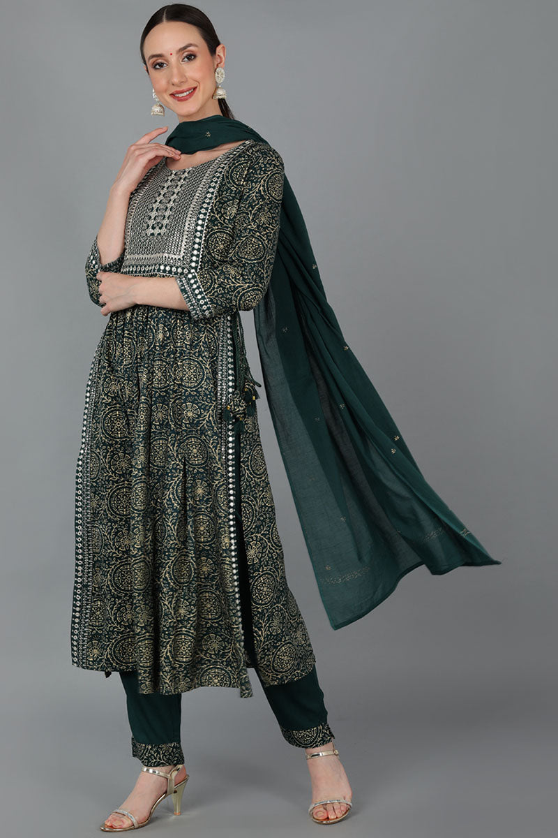 Green Viscose Rayon Abstract Straight Kurta Trousers With Dupatta 