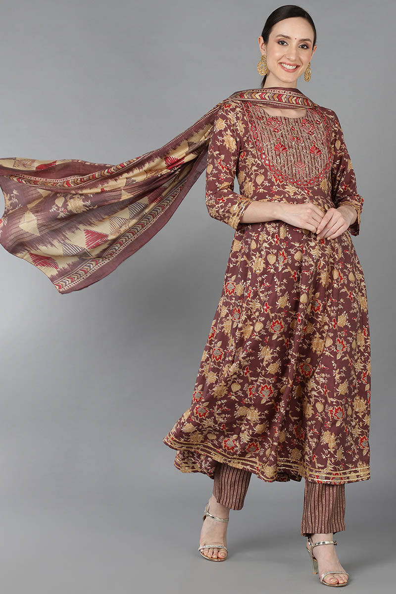 Brown Pure Cotton Floral Anarkali Kurta Trousers With Dupatta 