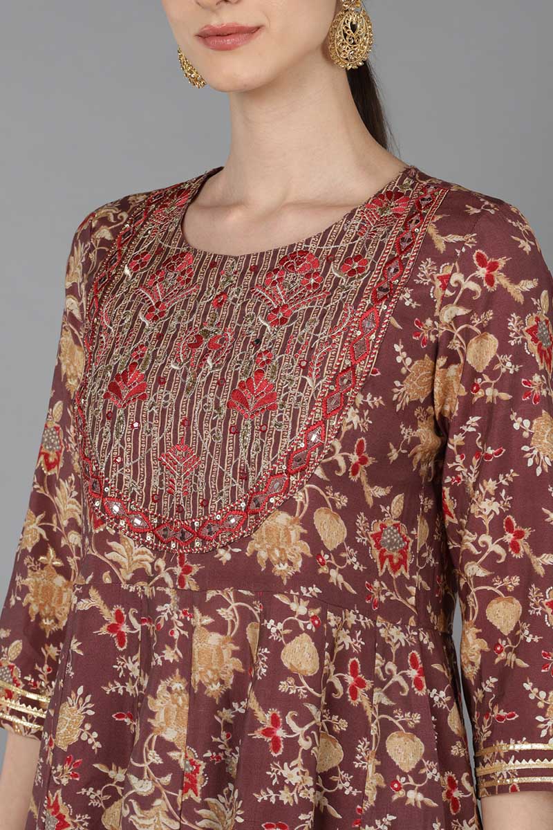 Brown Pure Cotton Floral Anarkali Kurta Trousers With Dupatta 