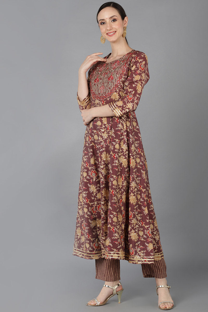 Brown Pure Cotton Floral Anarkali Kurta Trousers With Dupatta 