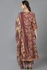 Brown Pure Cotton Floral Anarkali Kurta Trousers With Dupatta 