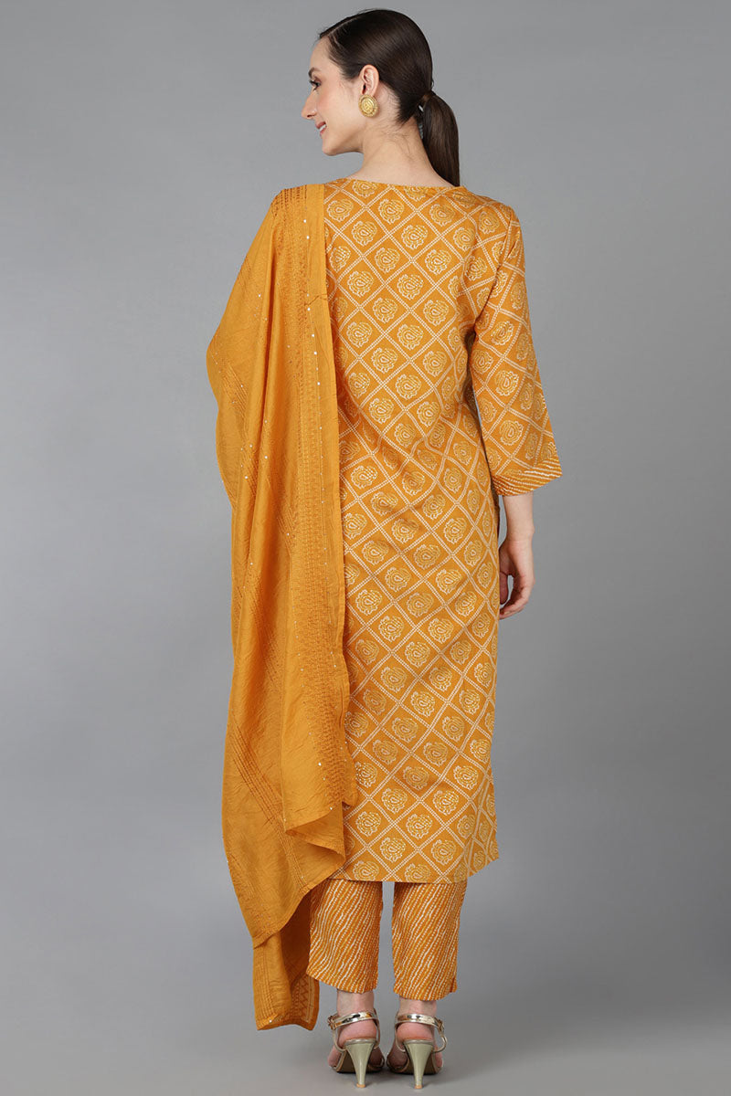 Orange Silk Blend Bandhani Straight Kurta Trousers With Dupatta 