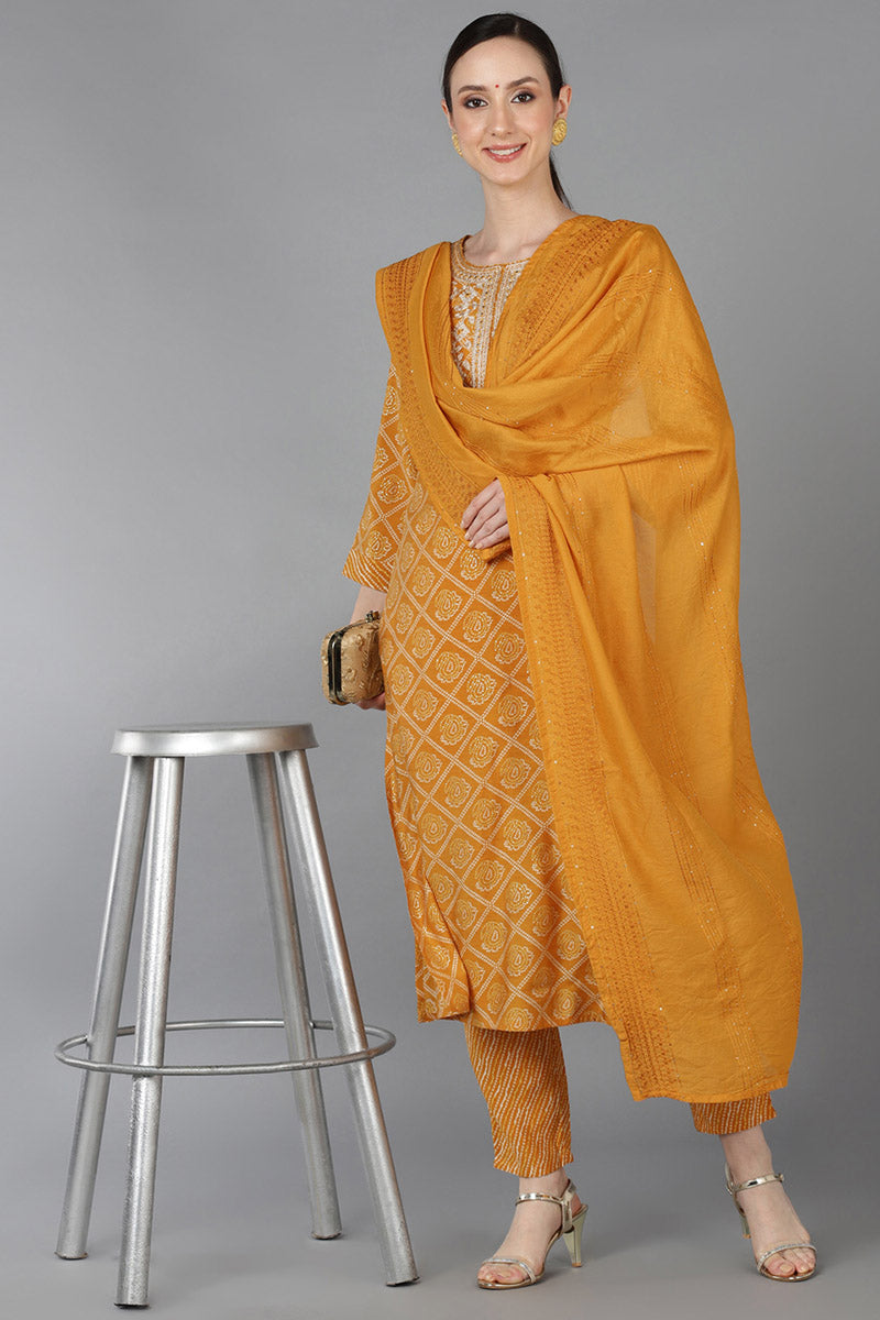 Orange Silk Blend Bandhani Straight Kurta Trousers With Dupatta 