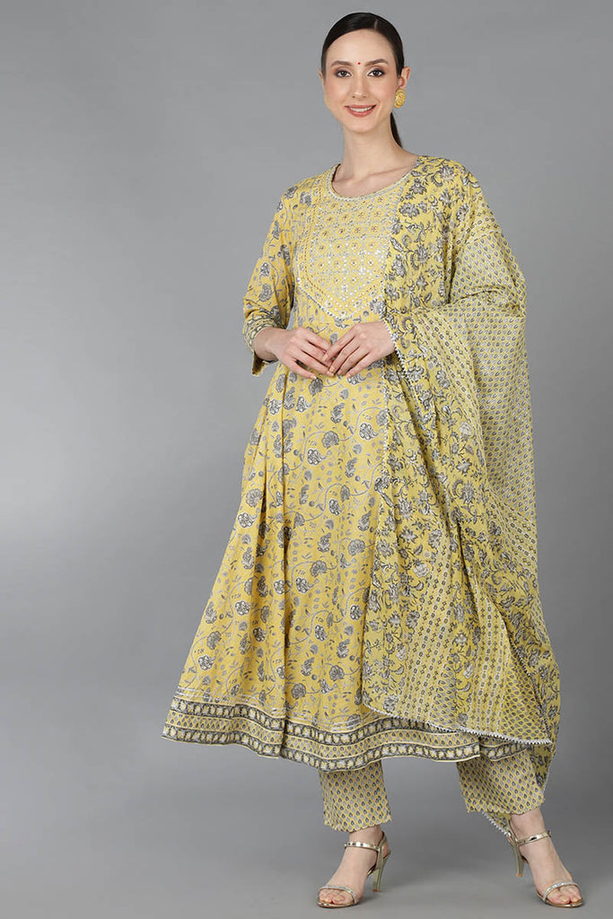 Yellow Pure Cotton Floral Anarkali Kurta Trousers With Dupatta 