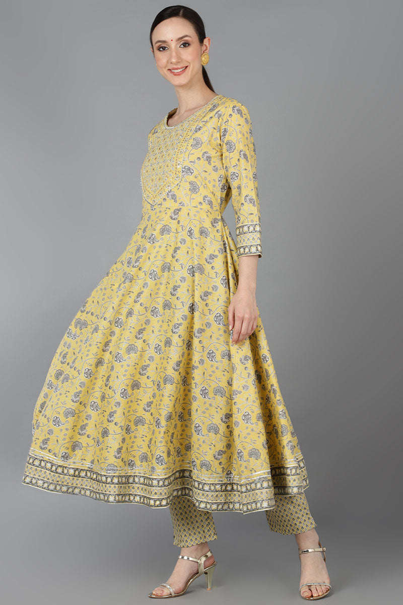 Yellow Pure Cotton Floral Anarkali Kurta Trousers With Dupatta 