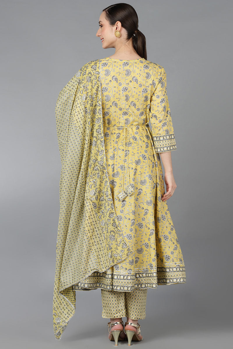 Yellow Pure Cotton Floral Anarkali Kurta Trousers With Dupatta 