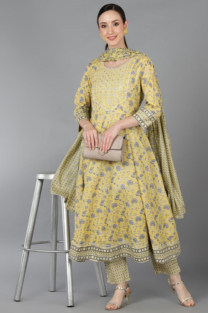 Yellow Pure Cotton Floral Anarkali Kurta Trousers With Dupatta 