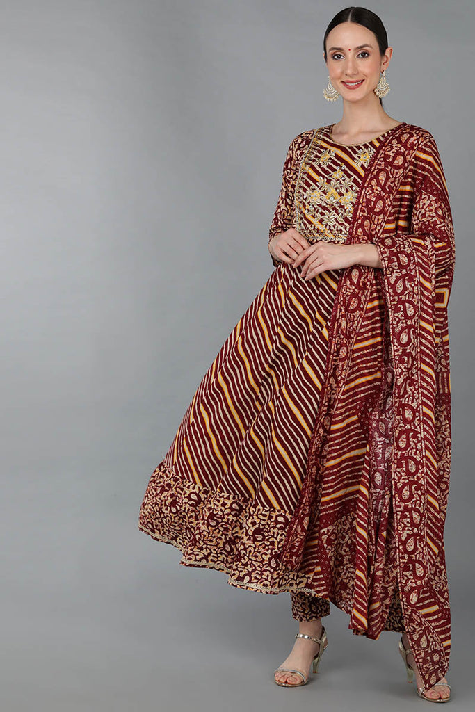 Maroon Pure Cotton Ethnic Motifs Anarkali Kurta Trousers With Dupatta 