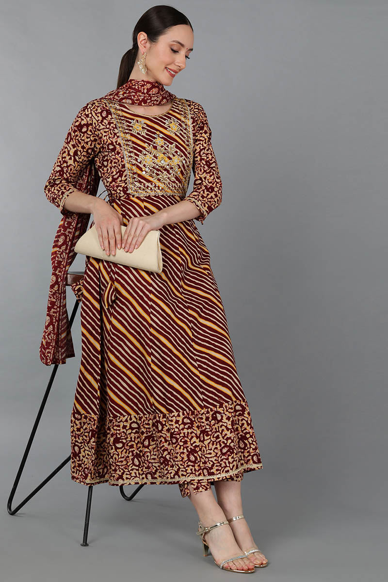 Maroon Pure Cotton Ethnic Motifs Anarkali Kurta Trousers With Dupatta 