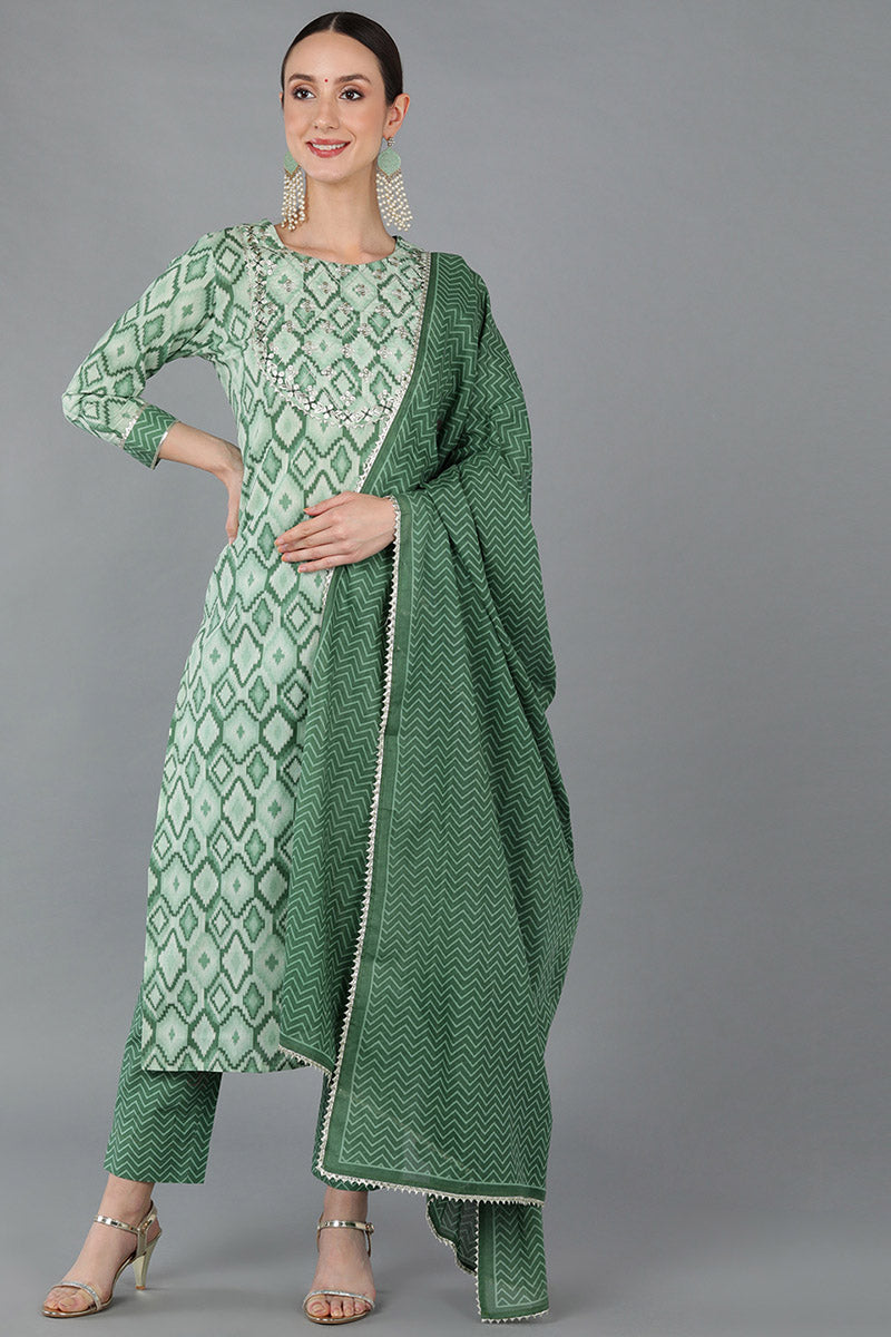 Green Pure Cotton Abstract Straight Kurta Trousers With Dupatta 