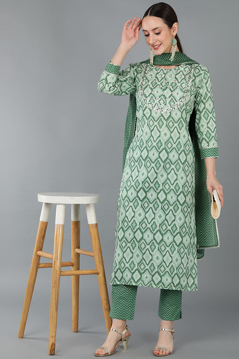 Green Pure Cotton Abstract Straight Kurta Trousers With Dupatta 