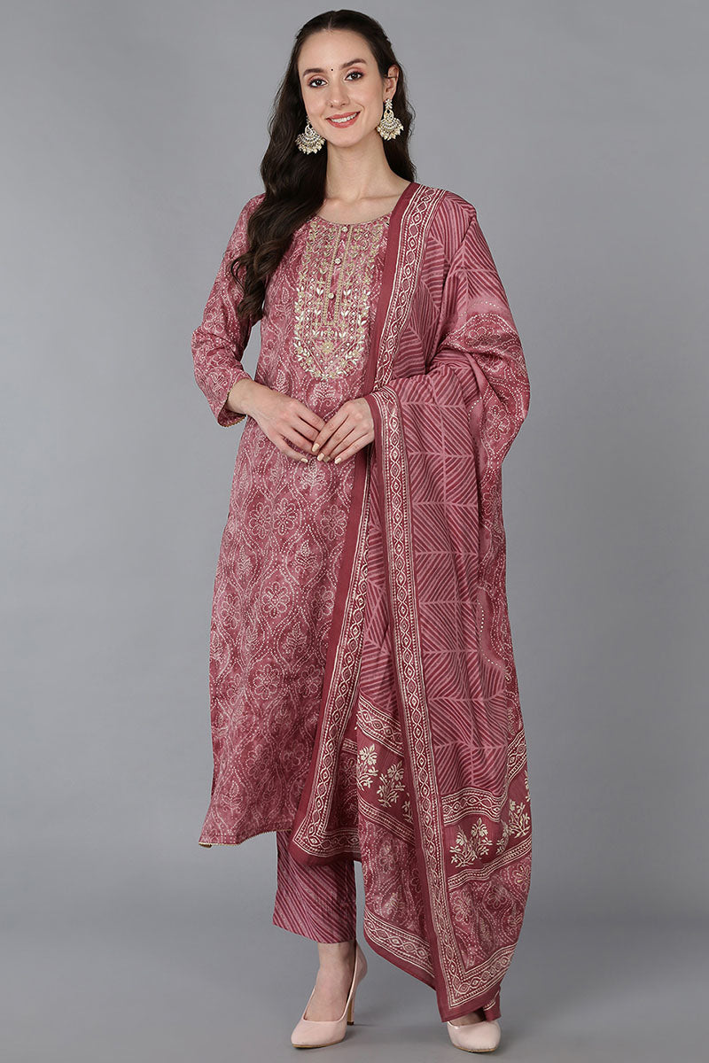 Pink Silk Blend Bandhani Straight Kurta Trousers With Dupatta 