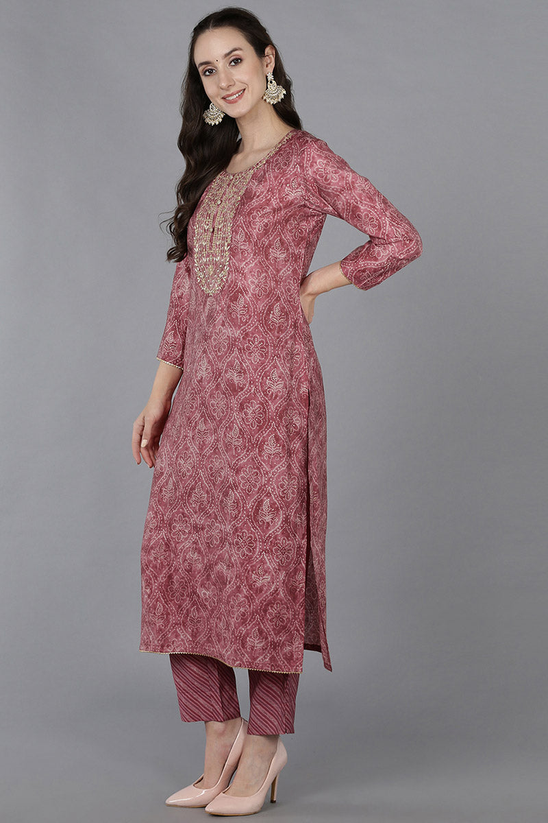 Pink Silk Blend Bandhani Straight Kurta Trousers With Dupatta 