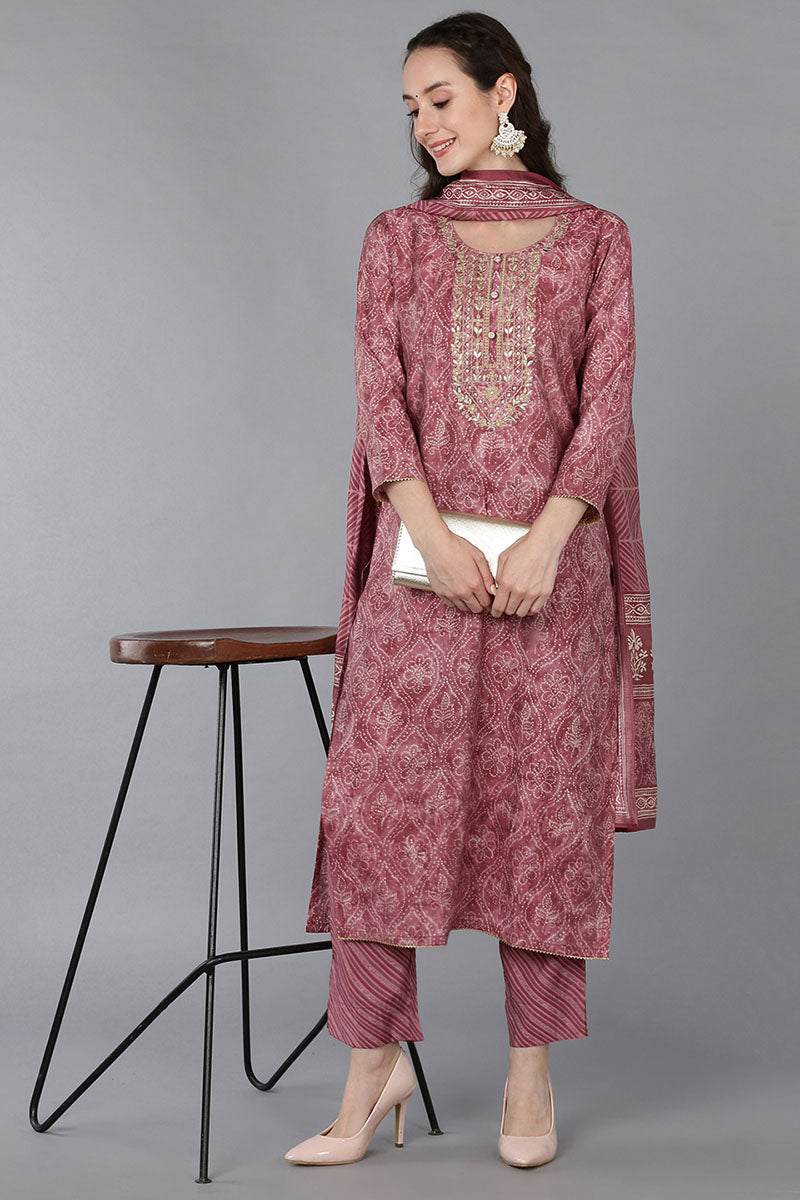 Pink Silk Blend Bandhani Straight Kurta Trousers With Dupatta 