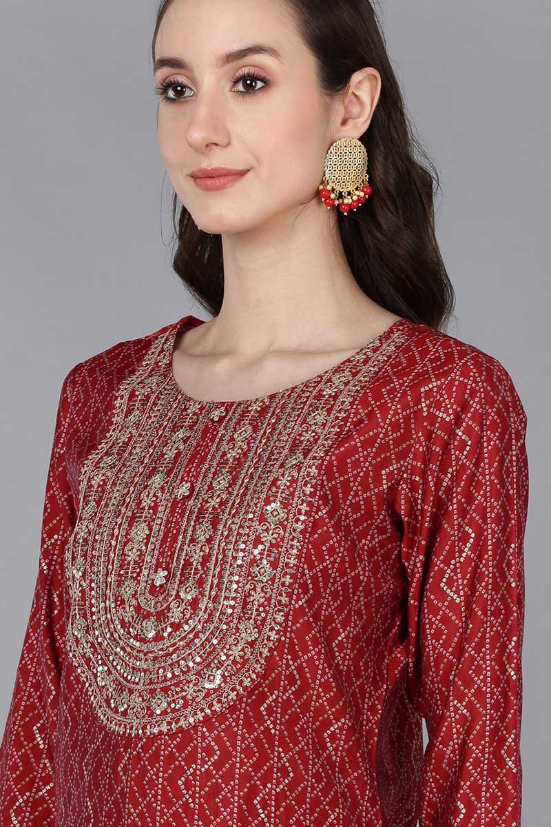 Red Silk Blend Bandhani Straight Kurta Trousers With Dupatta 