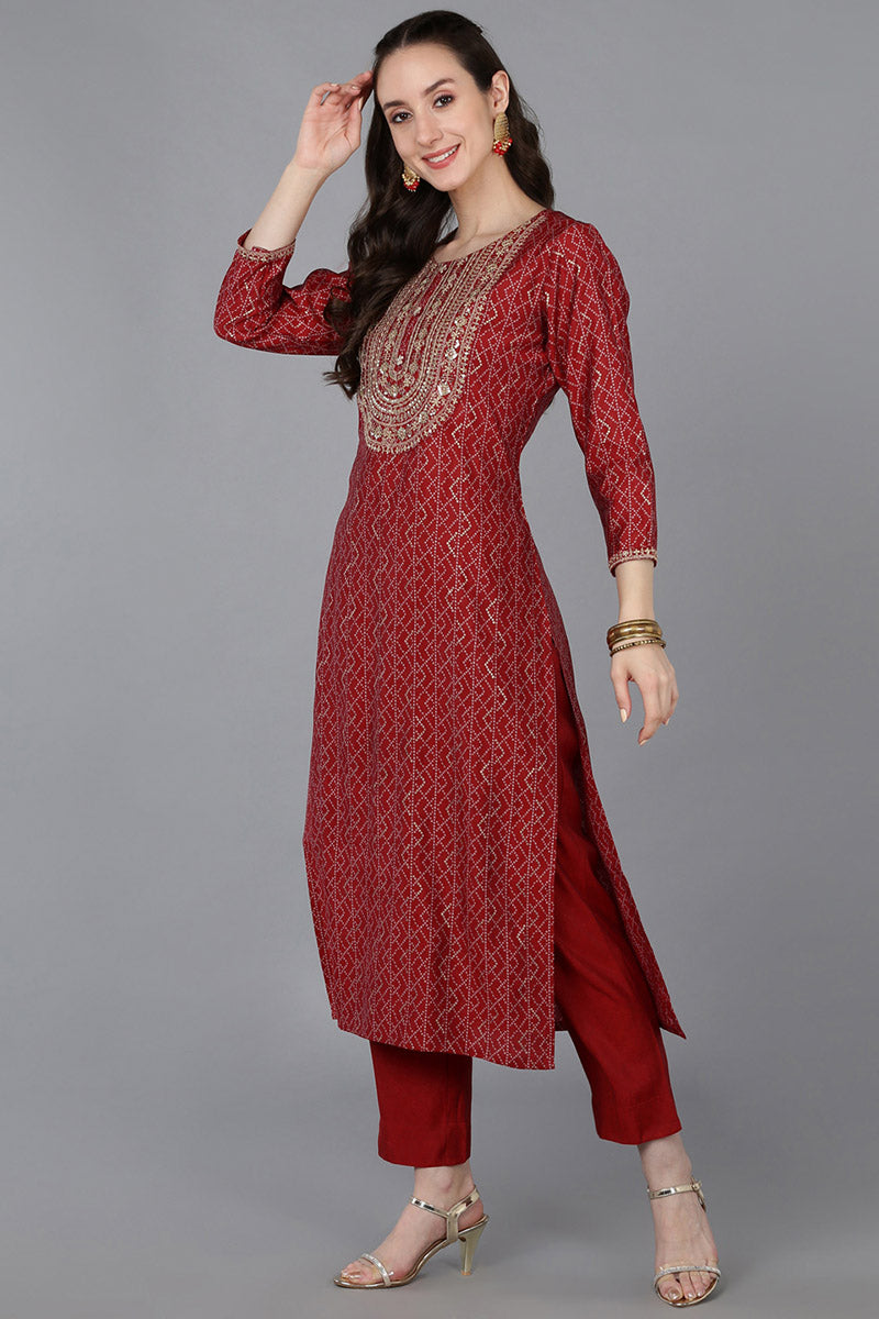 Red Silk Blend Bandhani Straight Kurta Trousers With Dupatta 