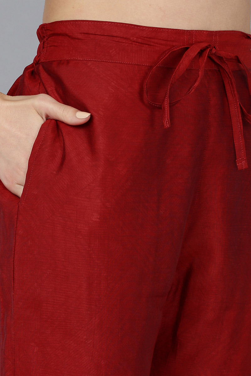 Red Silk Blend Bandhani Straight Kurta Trousers With Dupatta 