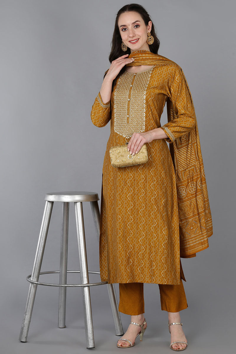 Gold Silk Blend Bandhani Straight Kurta Trousers With Dupatta 