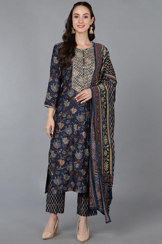 Blue Silk Blend Floral Straight Kurta Trousers With Dupatta 