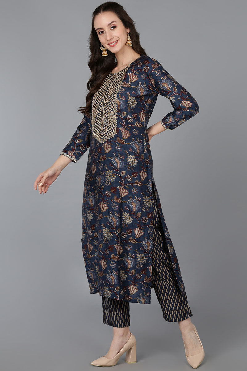 Blue Silk Blend Floral Straight Kurta Trousers With Dupatta 