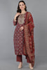 Maroon Silk Blend Abstract Straight Kurta Trousers With Dupatta 