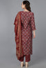 Maroon Silk Blend Abstract Straight Kurta Trousers With Dupatta 