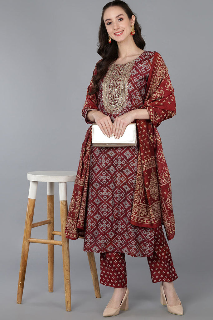 Maroon Silk Blend Abstract Straight Kurta Trousers With Dupatta 