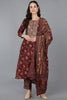 Maroon Silk Blend Floral Straight Kurta Trousers With Dupatta 