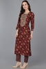 Maroon Silk Blend Floral Straight Kurta Trousers With Dupatta 