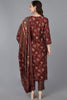 Maroon Silk Blend Floral Straight Kurta Trousers With Dupatta 