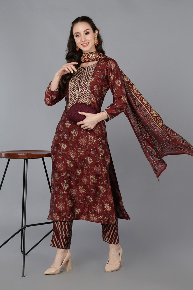 Maroon Silk Blend Floral Straight Kurta Trousers With Dupatta 