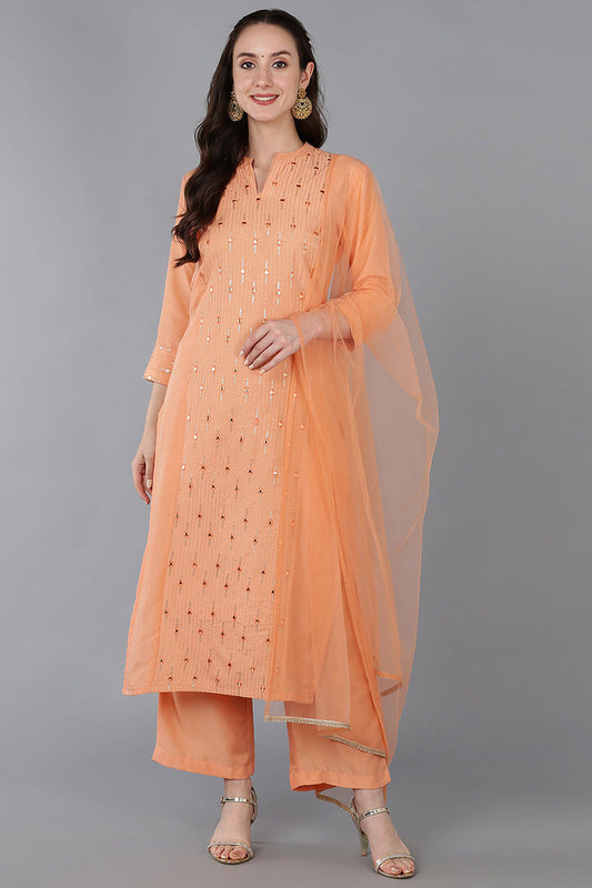 Peach Silk Blend Solid Straight Kurta Trousers With Dupatta 