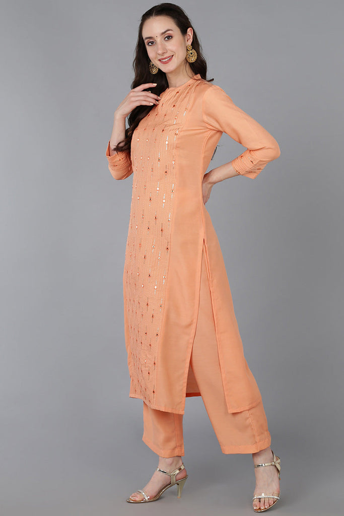 Peach Silk Blend Solid Straight Kurta Trousers With Dupatta 