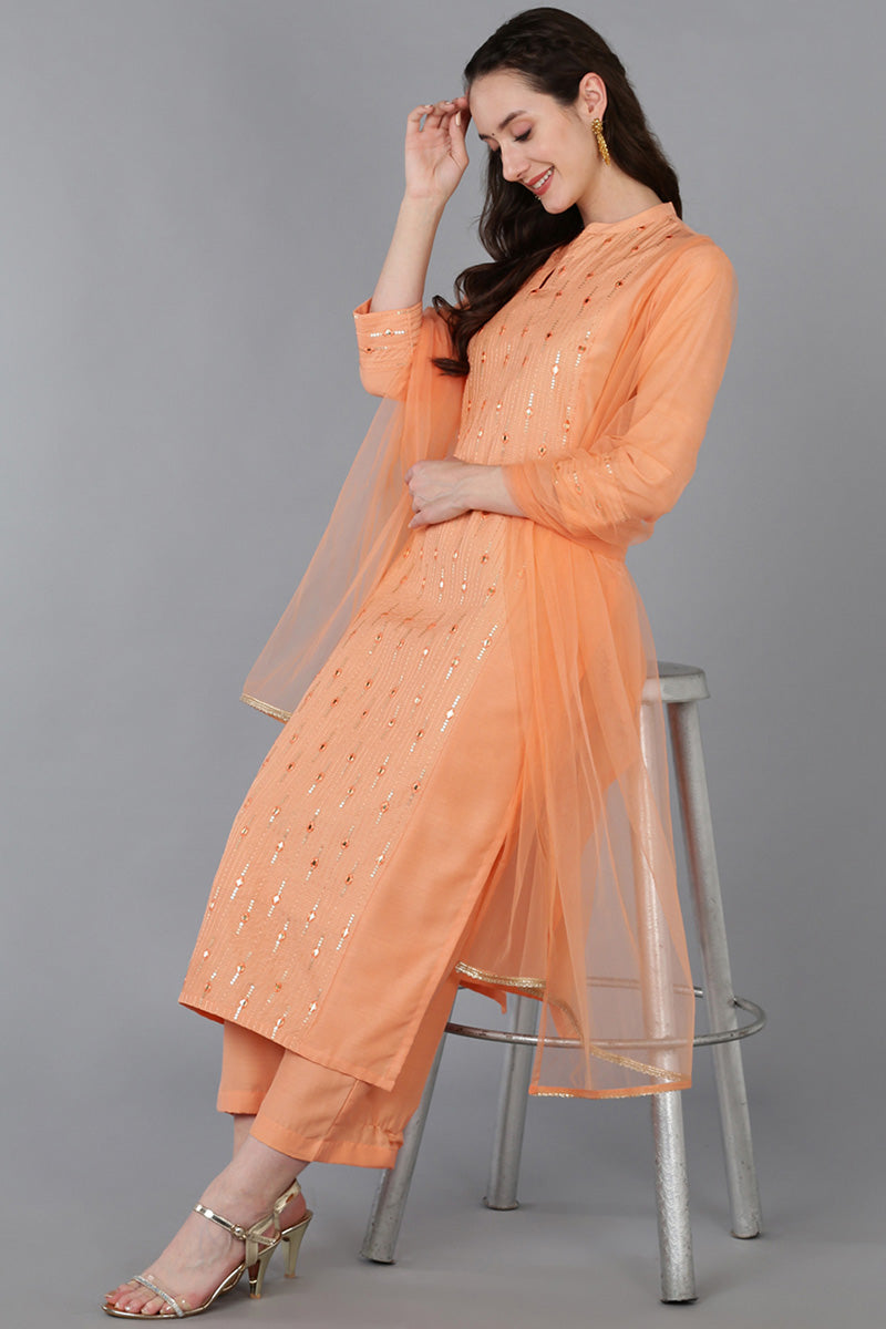 Peach Silk Blend Solid Straight Kurta Trousers With Dupatta 