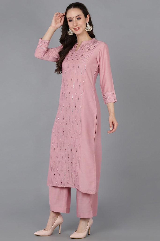 Pink Silk Blend Solid Straight Kurta Sharara With Dupatta 