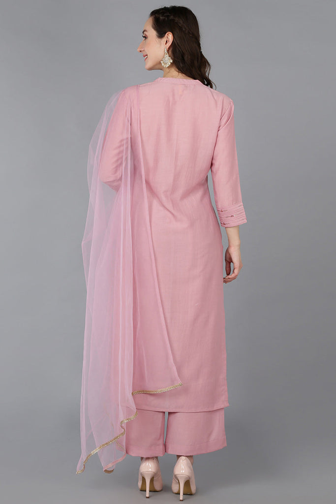 Pink Silk Blend Solid Straight Kurta Sharara With Dupatta 