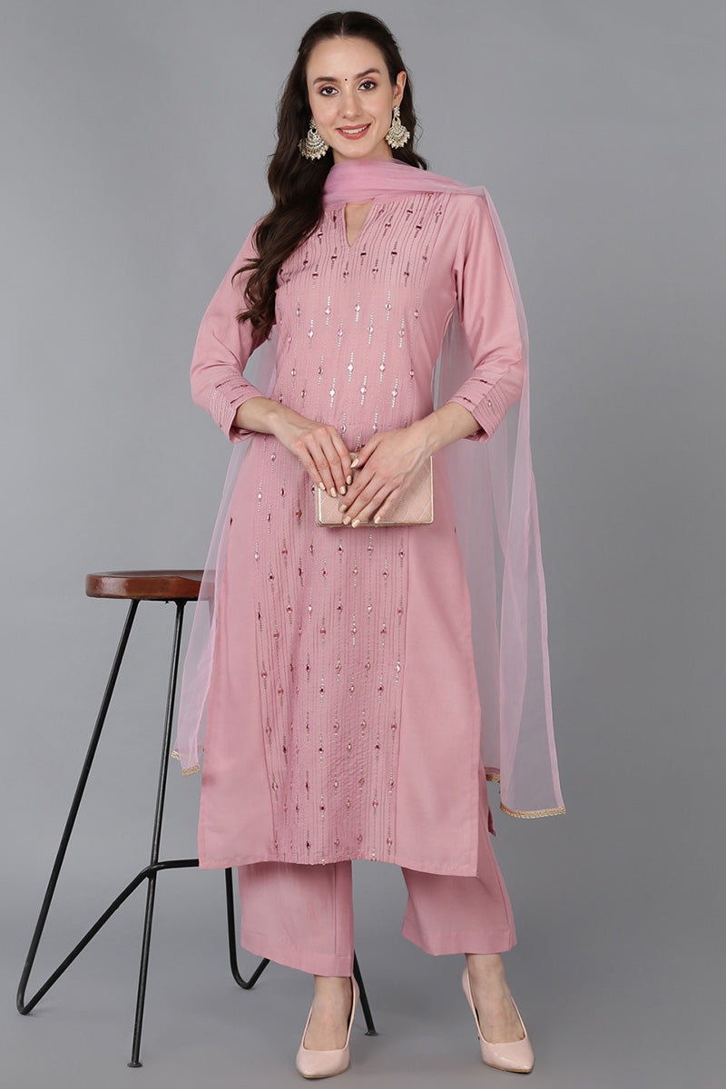 Pink Silk Blend Solid Straight Kurta Sharara With Dupatta 